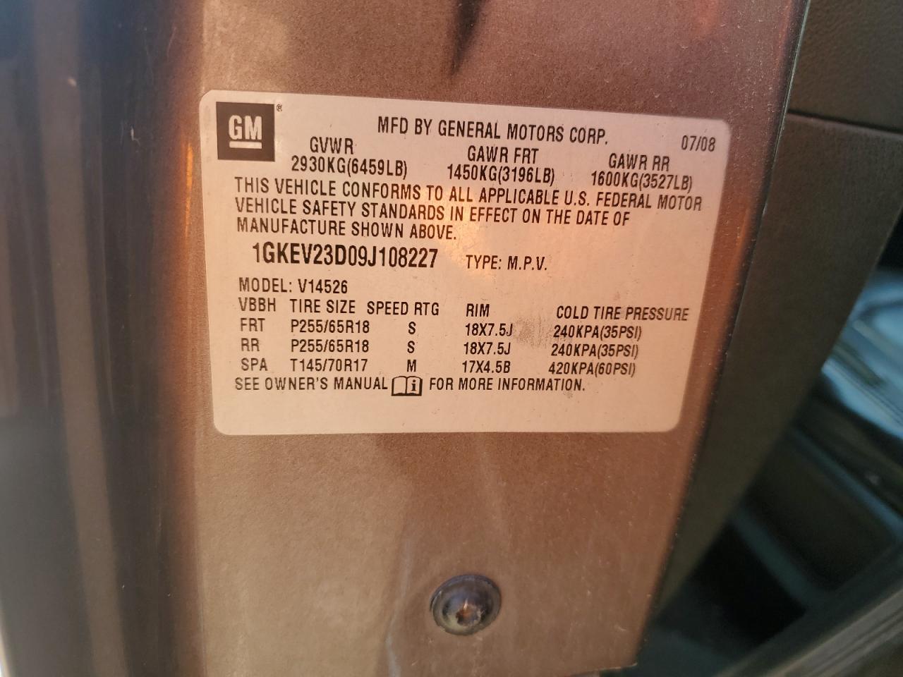 2009 GMC Acadia Slt-1 VIN: 1GKEV23D09J108227 Lot: 68637954