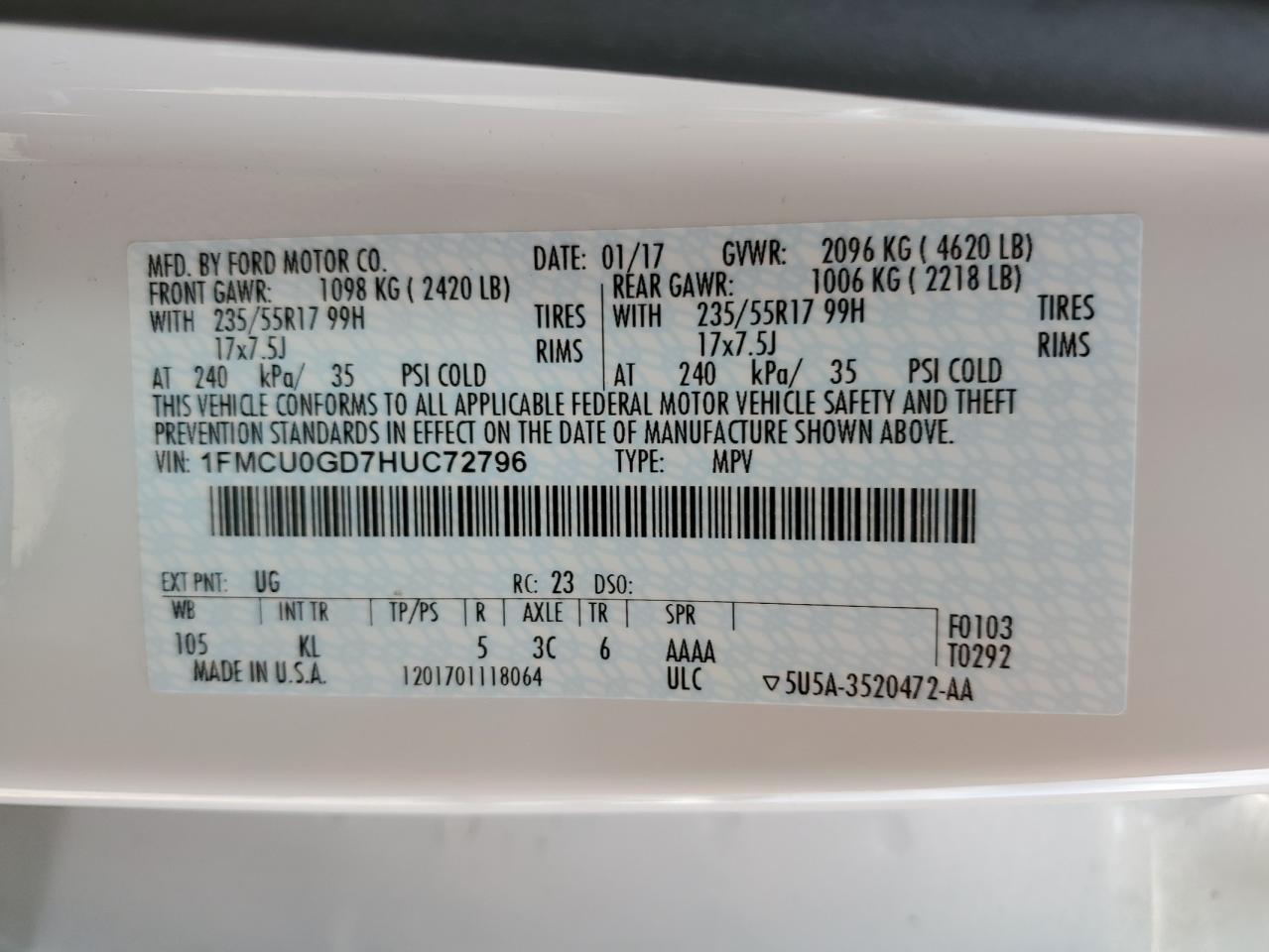 2017 Ford Escape Se VIN: 1FMCU0GD7HUC72796 Lot: 65451174