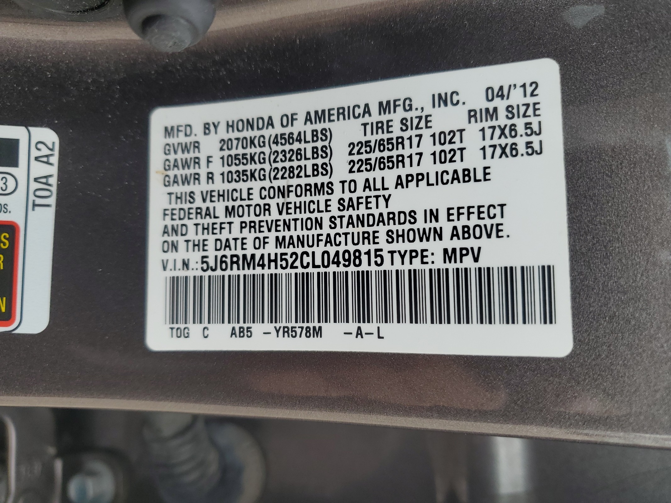 5J6RM4H52CL049815 2012 Honda Cr-V Ex