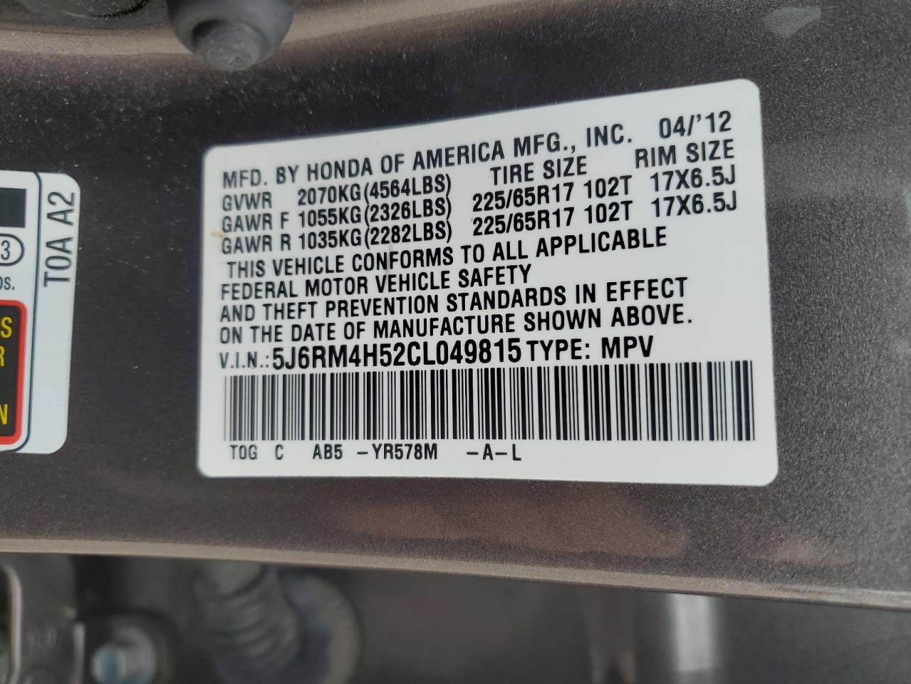 2012 Honda Cr-V Ex VIN: 5J6RM4H52CL049815 Lot: 66068834