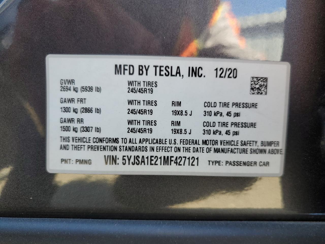 2021 Tesla Model S VIN: 5YJSA1E21MF427121 Lot: 68287874