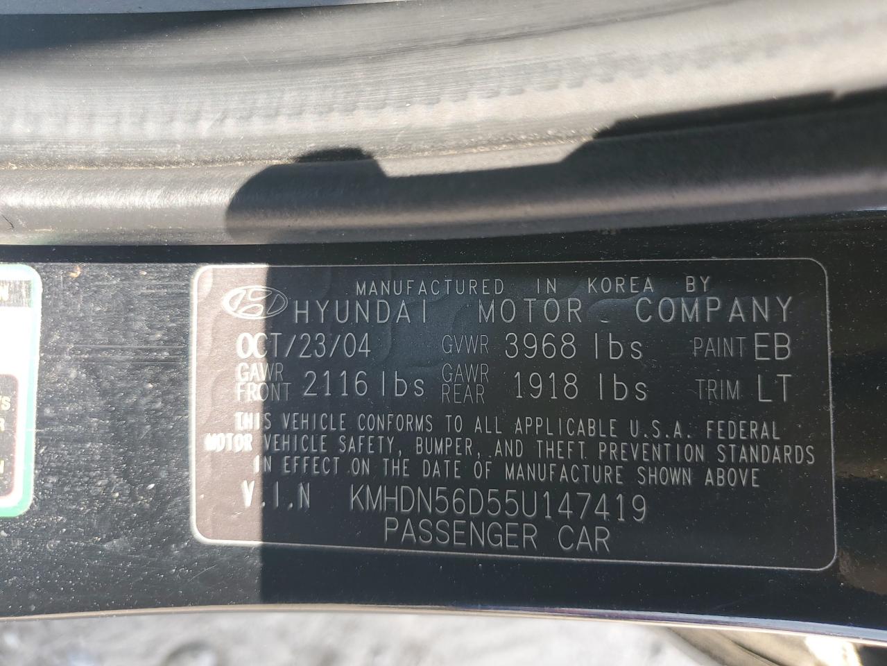 2005 Hyundai Elantra Gls VIN: KMHDN56D55U147419 Lot: 66607734