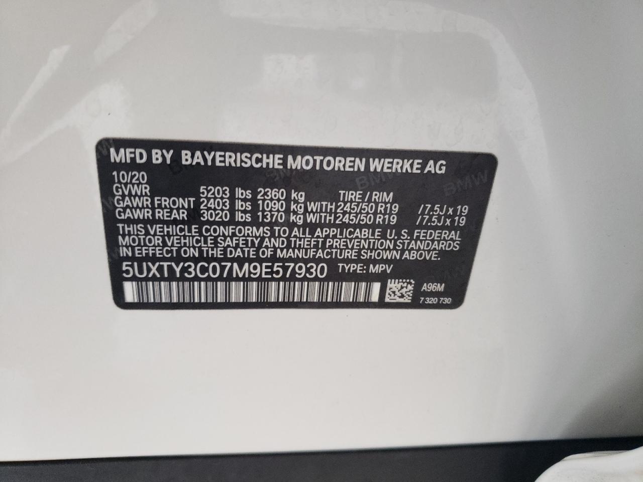 2021 BMW X3 Sdrive30I VIN: 5UXTY3C07M9E57930 Lot: 65973124