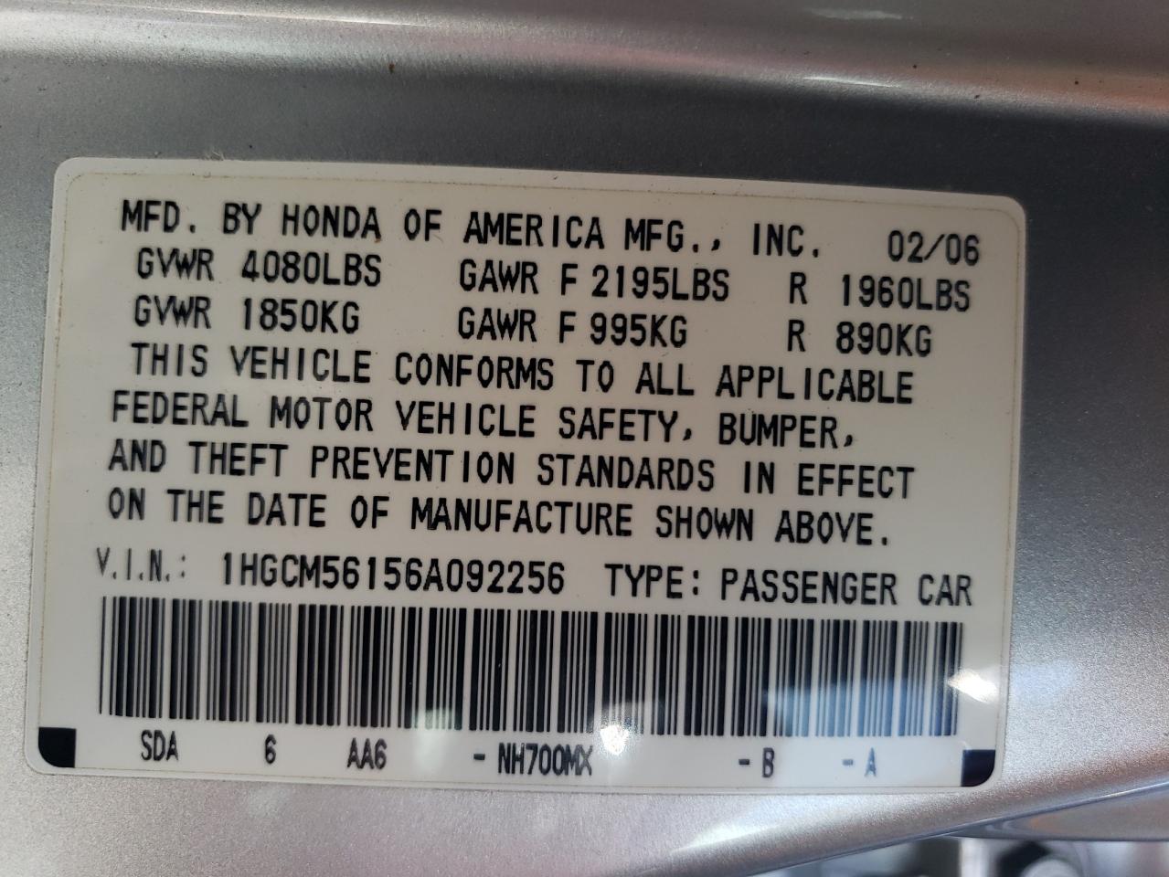 1HGCM56156A092256 2006 Honda Accord Value