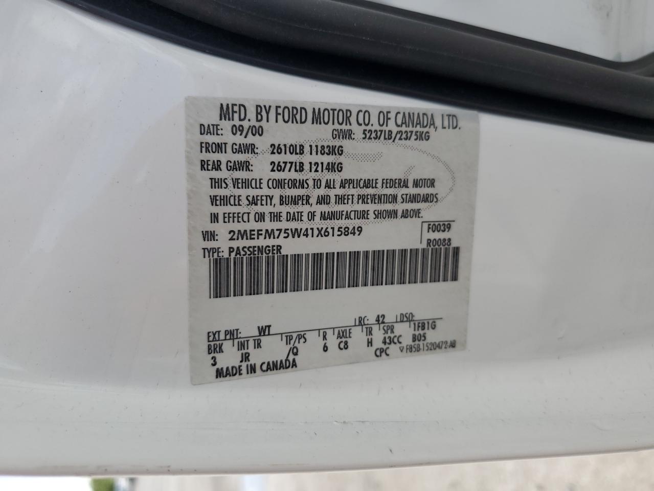 2001 Mercury Grand Marquis Ls VIN: 2MEFM75W41X615849 Lot: 65924074