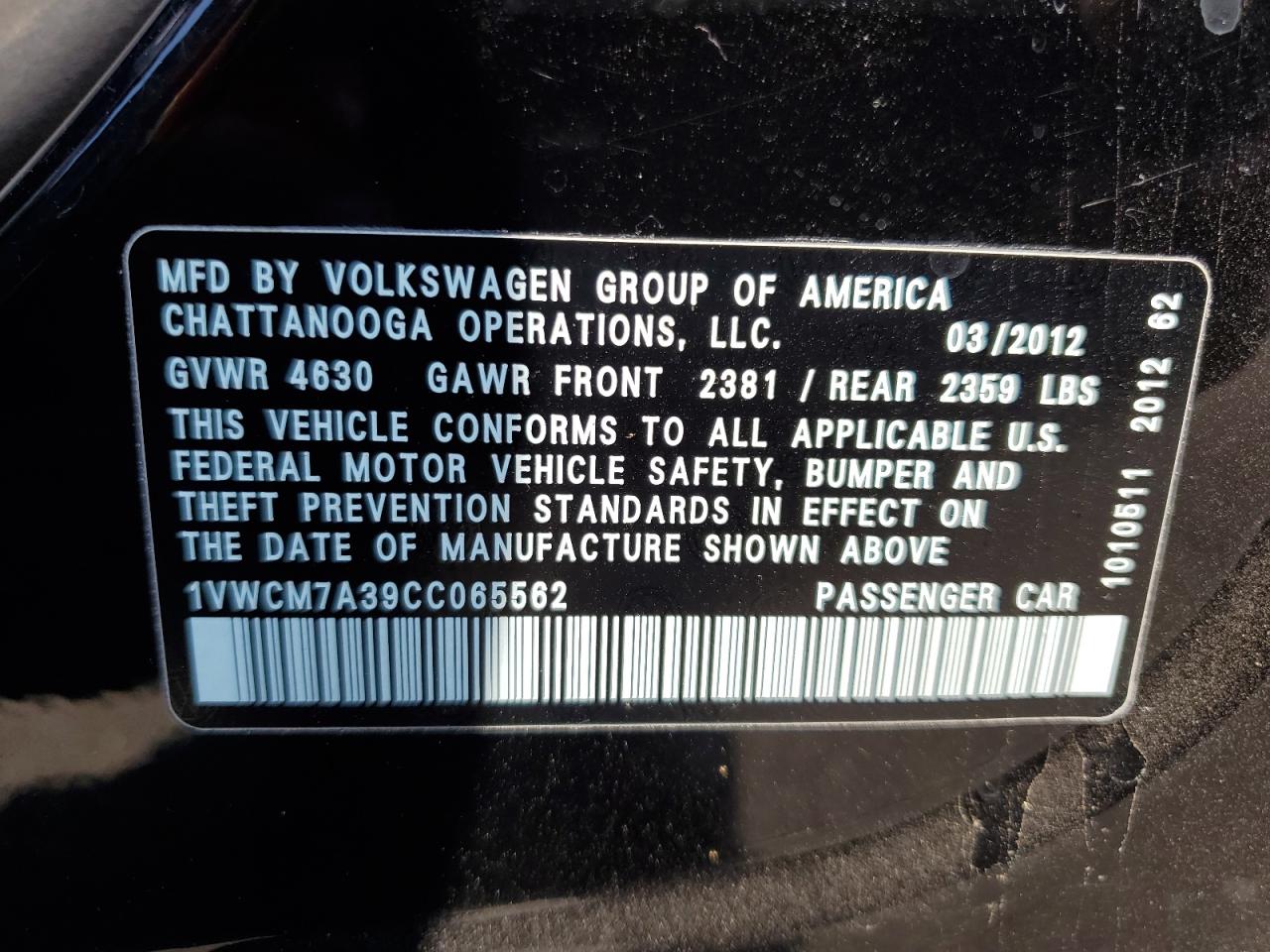 2012 Volkswagen Passat Sel VIN: 1VWCM7A39CC065562 Lot: 66571014