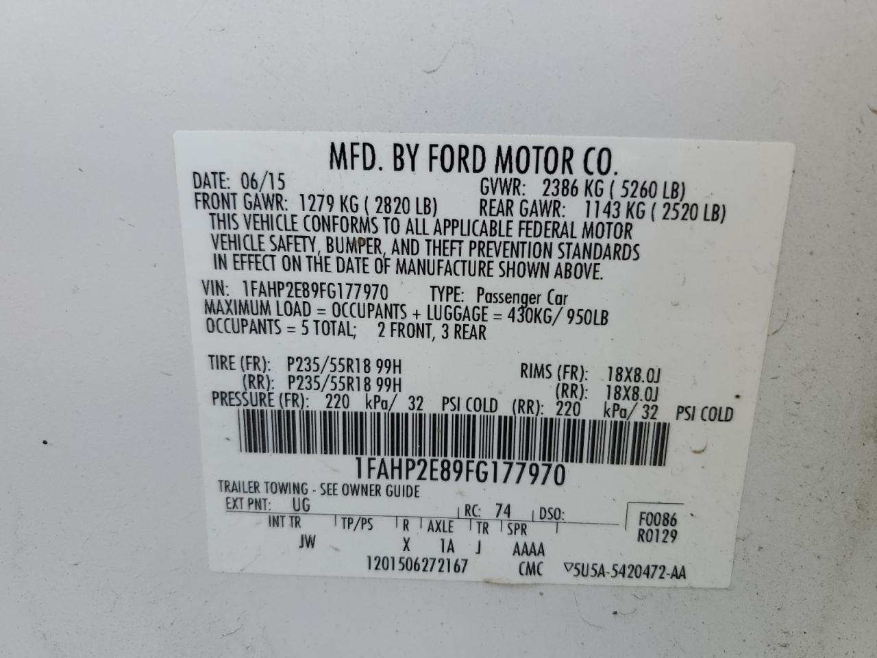 1FAHP2E89FG177970 2015 Ford Taurus Sel