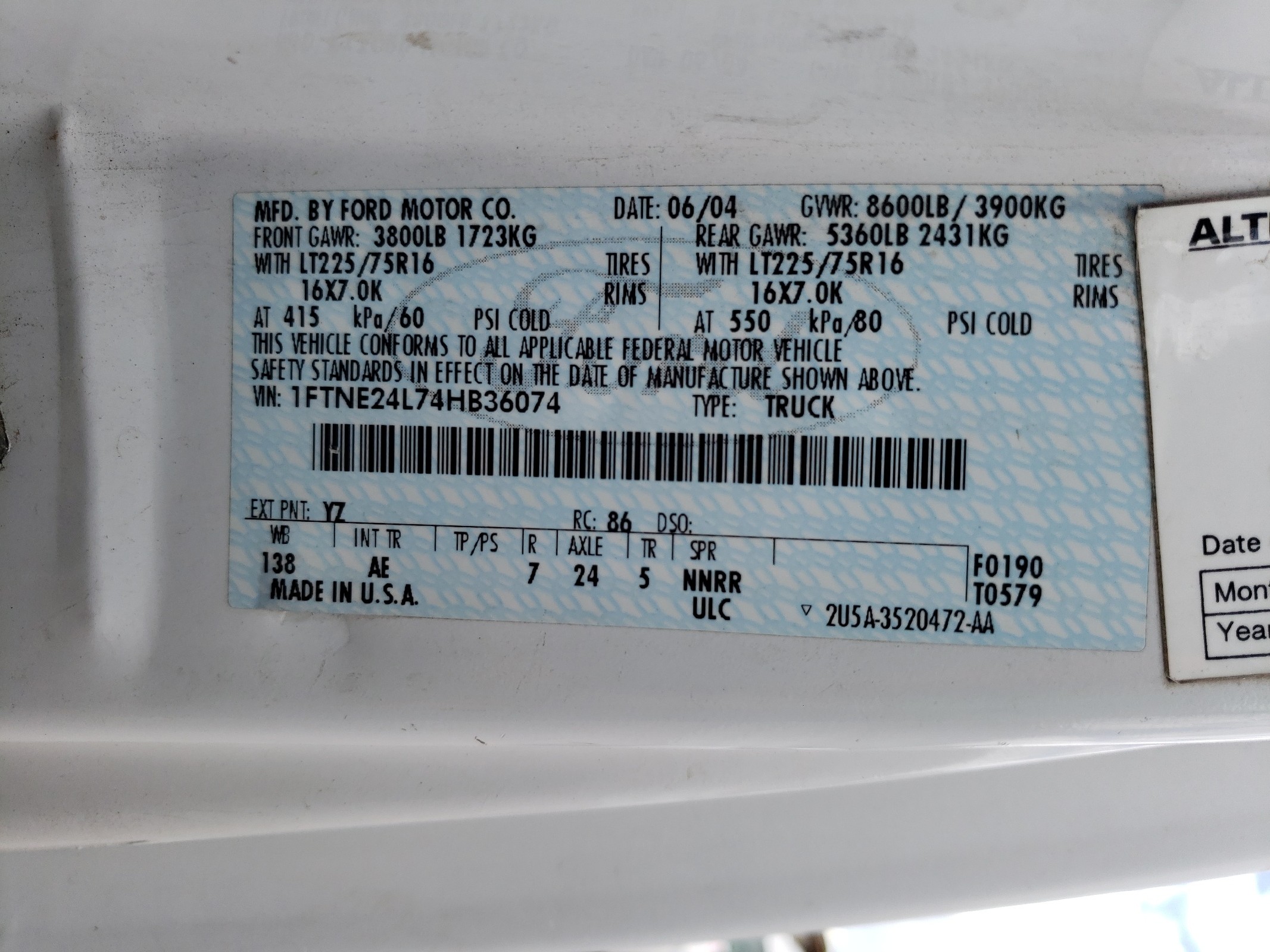 1FTNE24L74HB36074 2004 Ford Econoline E250 Van