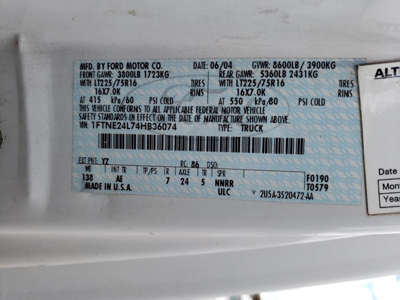 2004 Ford Econoline E250 Van VIN: 1FTNE24L74HB36074 Lot: 67662654