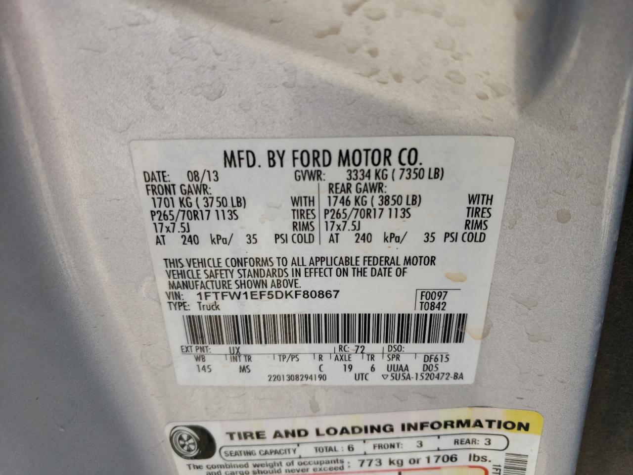 1FTFW1EF5DKF80867 2013 Ford F150 Supercrew