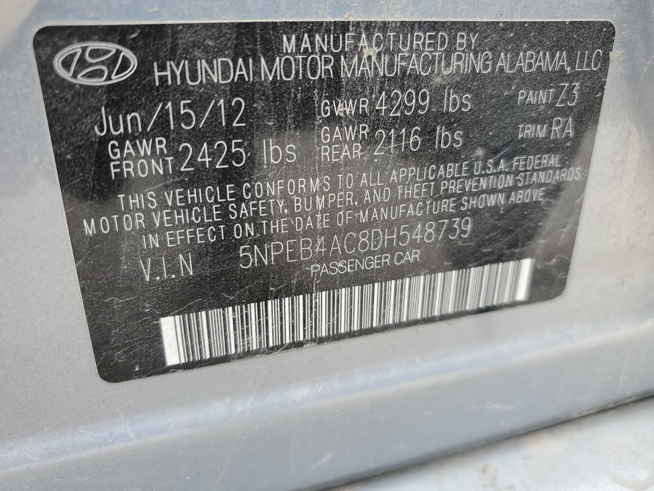 5NPEB4AC8DH548739 2013 Hyundai Sonata Gls