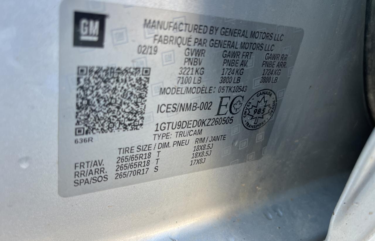 2019 GMC Sierra K1500 Slt VIN: 1GTU9DED0KZ260505 Lot: 70050444