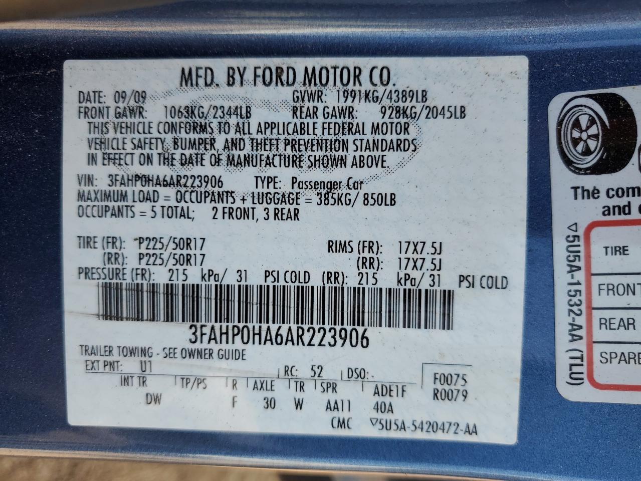 2010 Ford Fusion Se VIN: 3FAHP0HA6AR223906 Lot: 65950574