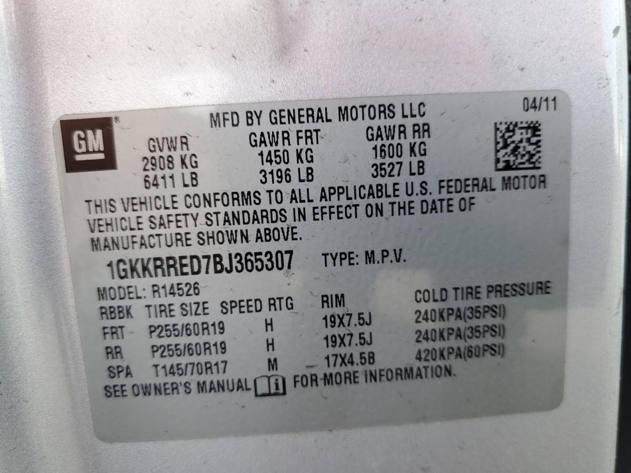 2011 GMC Acadia Slt-1 VIN: 1GKKRRED7BJ365307 Lot: 68239514