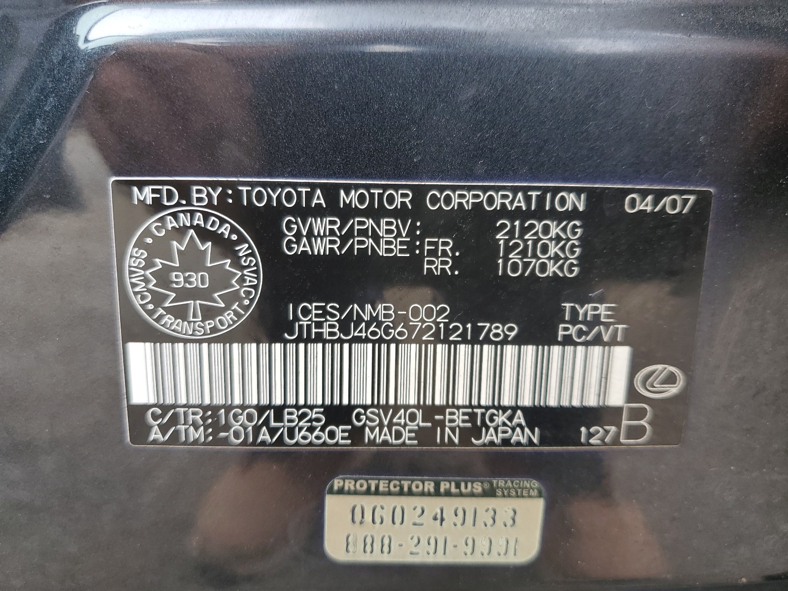 JTHBJ46G672121789 2007 Lexus Es 350