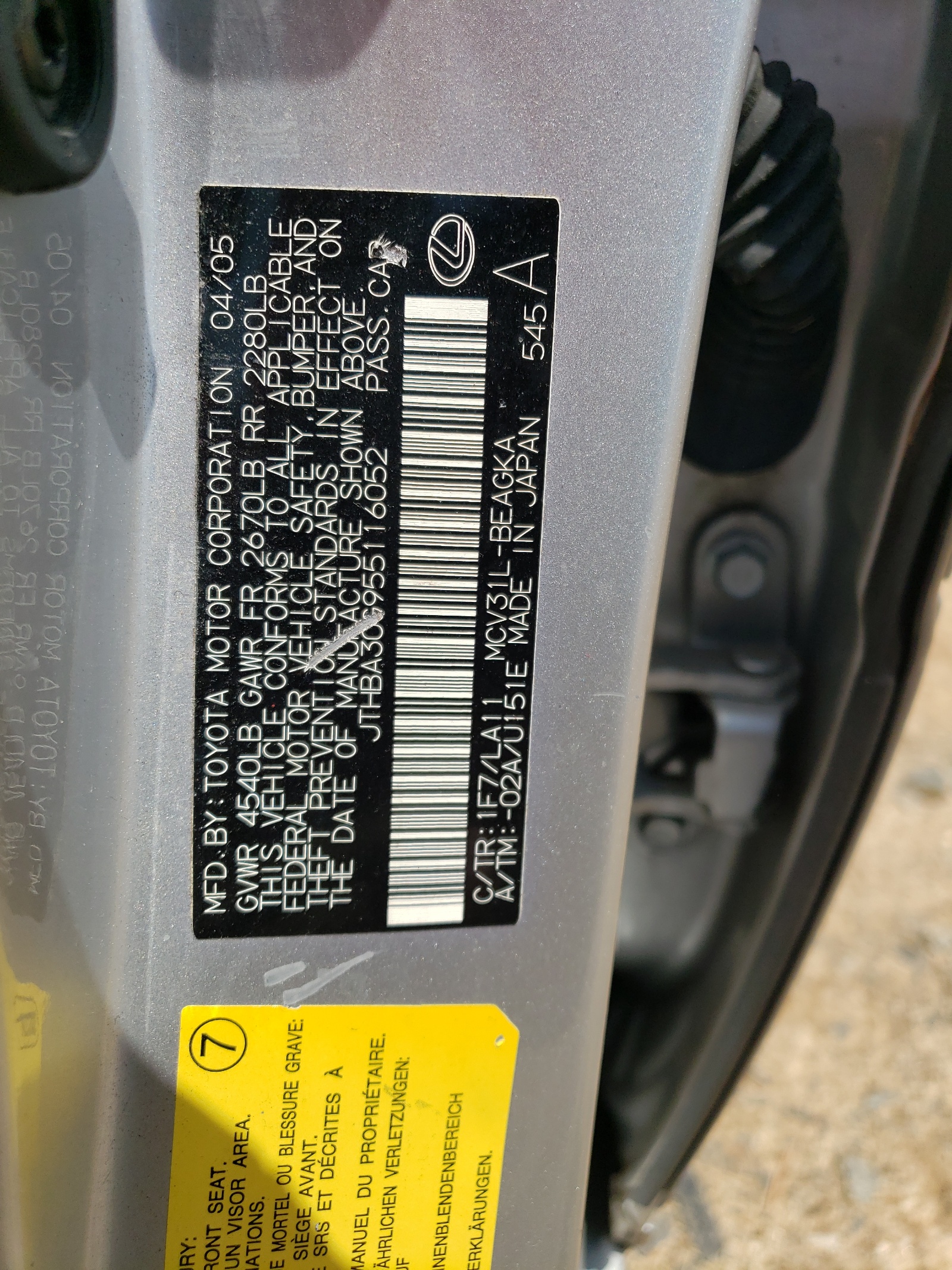 JTHBA30G955116052 2005 Lexus Es 330