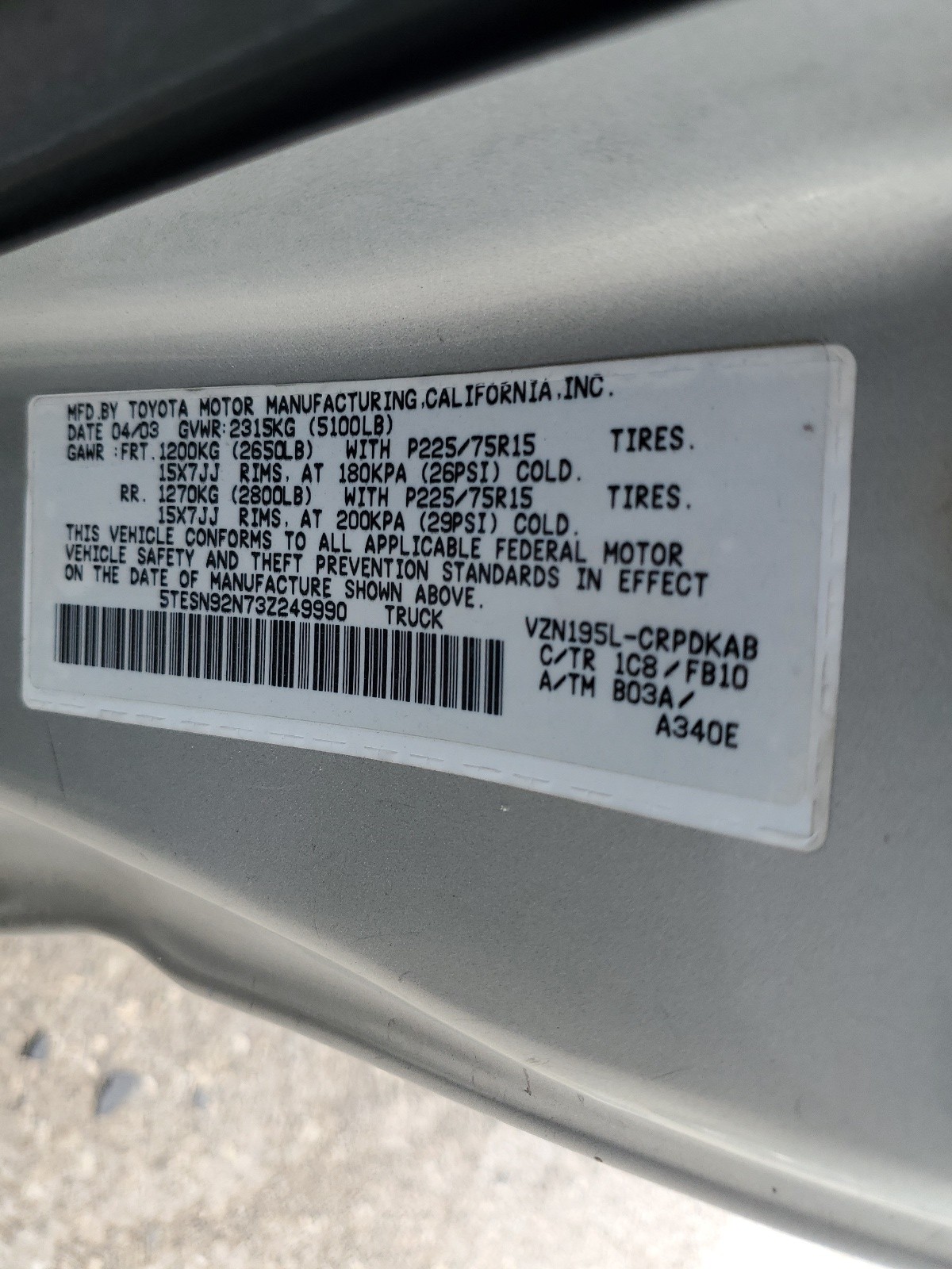 5TESN92N73Z249990 2003 Toyota Tacoma Xtracab Prerunner