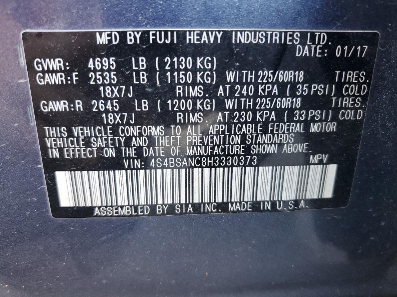 2017 Subaru Outback 2.5I Limited VIN: 4S4BSANC8H3330373 Lot: 66181374