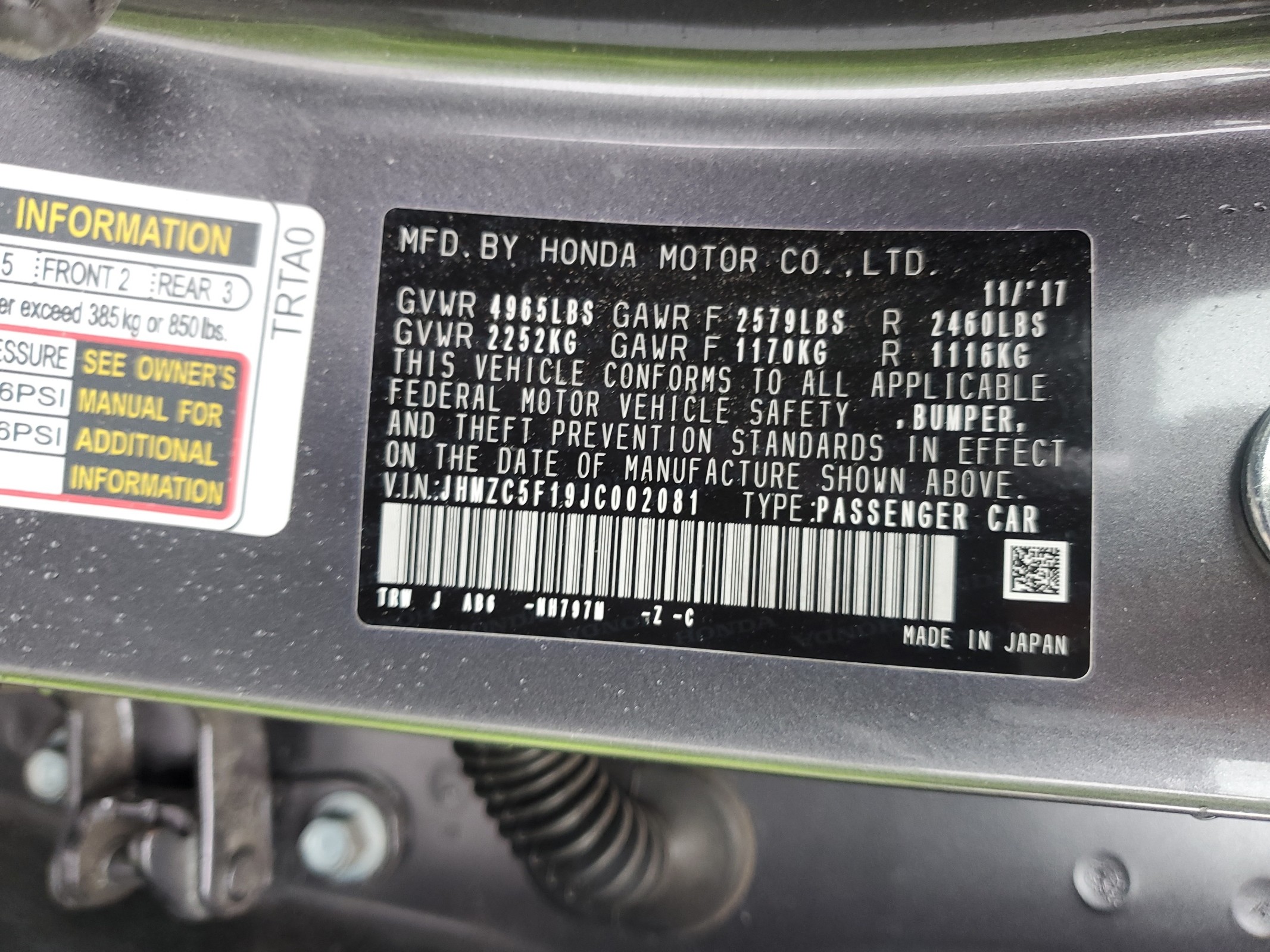 JHMZC5F19JC002081 2018 Honda Clarity