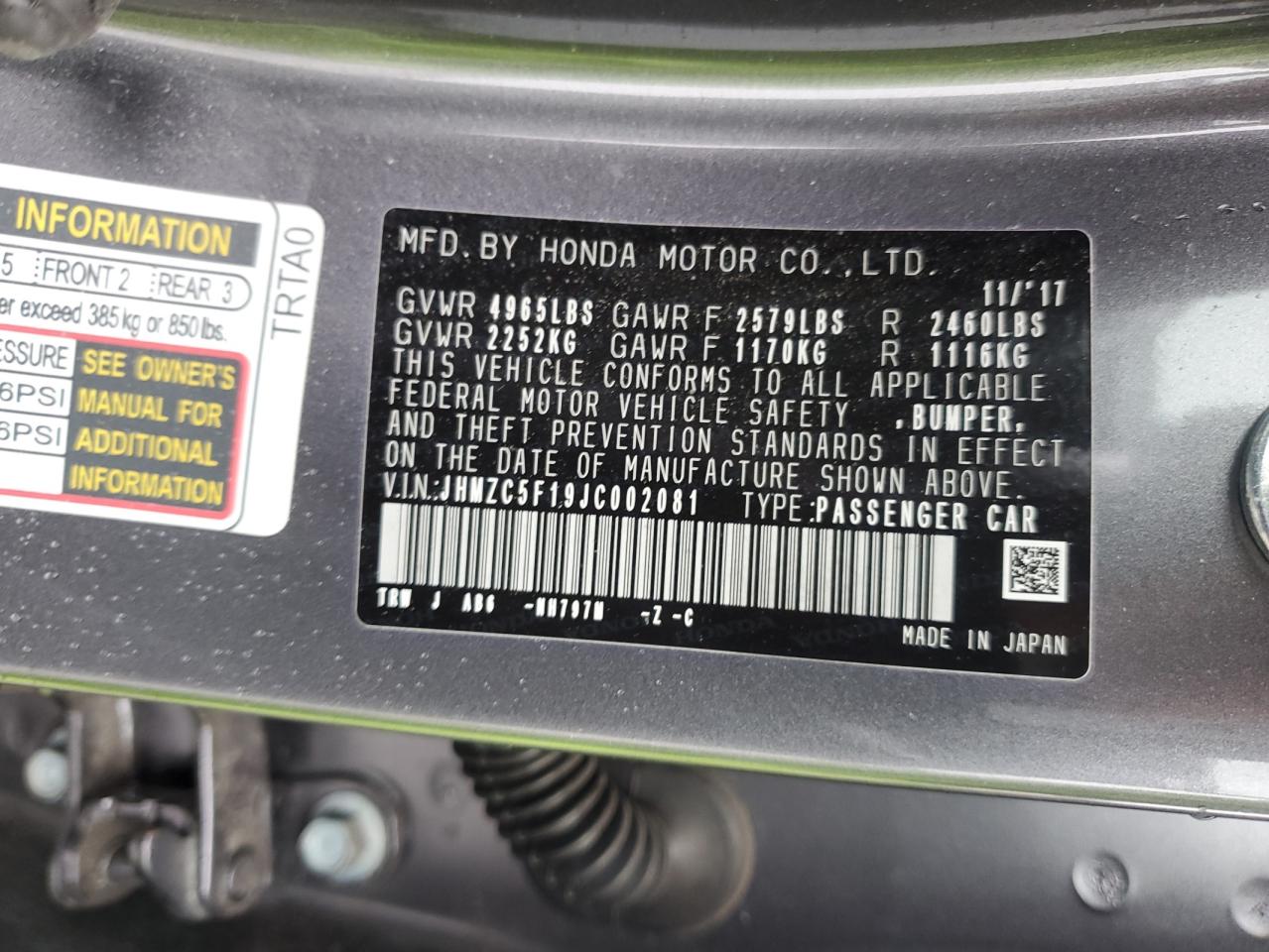 2018 Honda Clarity VIN: JHMZC5F19JC002081 Lot: 66281724