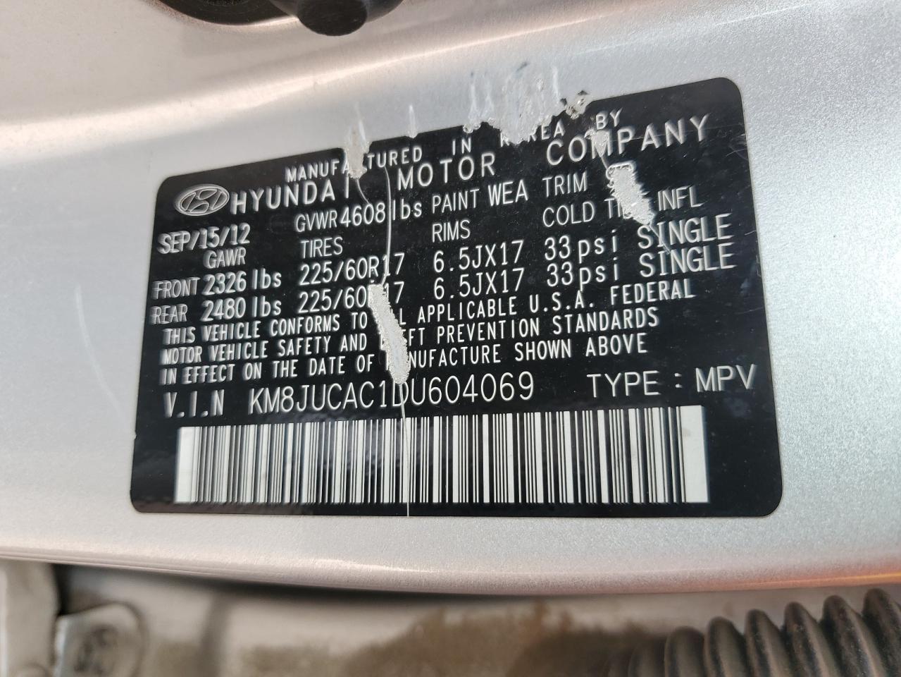 2013 Hyundai Tucson Gls VIN: KM8JUCAC1DU604069 Lot: 68158424