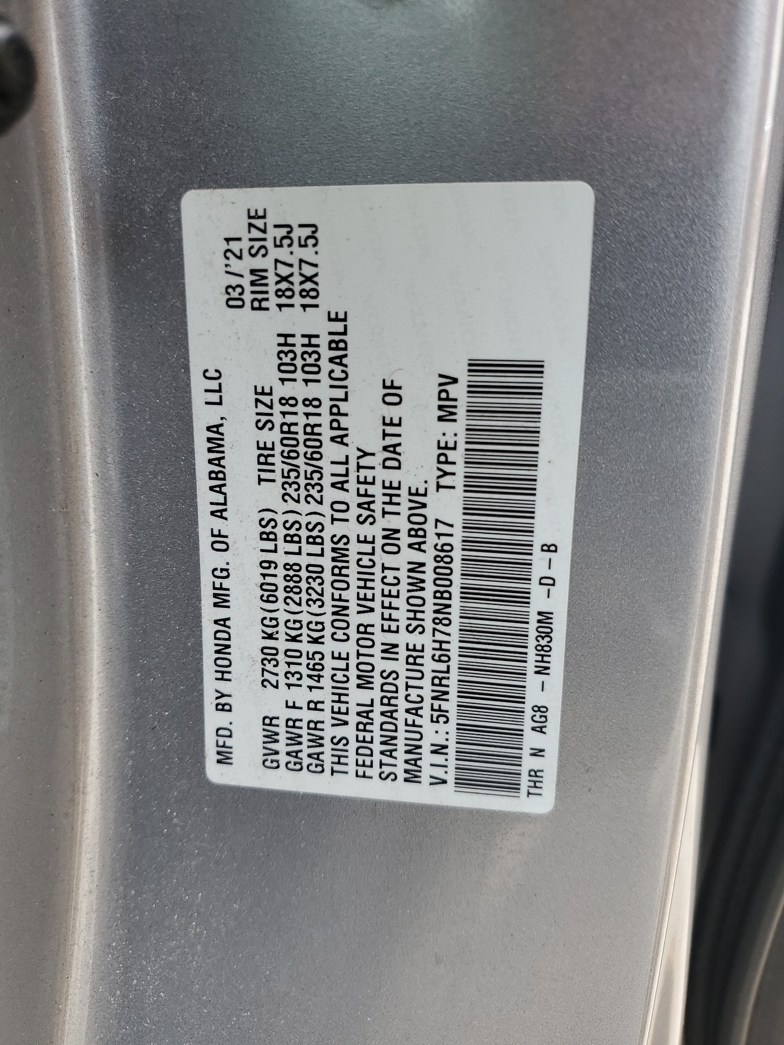 5FNRL6H78NB008617 2022 Honda Odyssey Exl