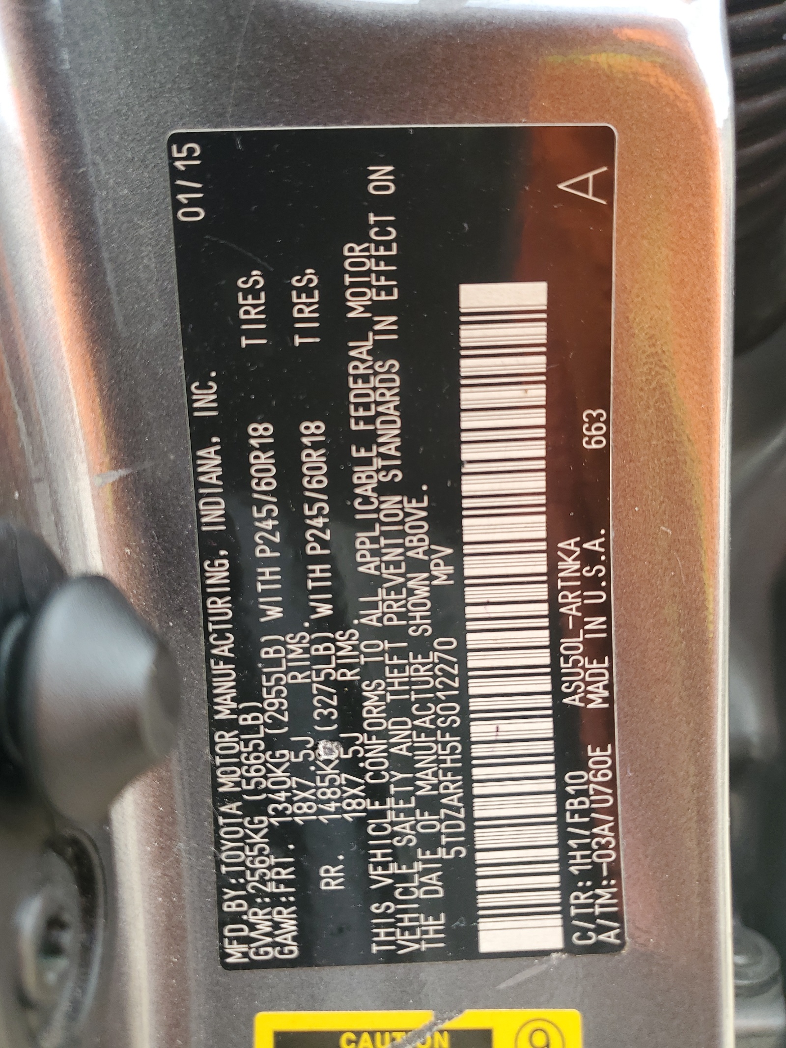 5TDZARFH5FS012270 2015 Toyota Highlander Le