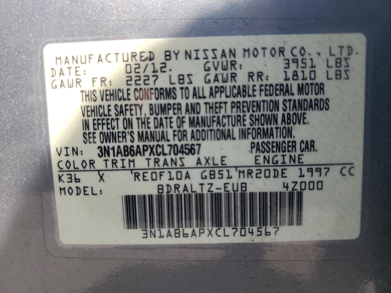 3N1AB6APXCL704567 2012 Nissan Sentra 2.0