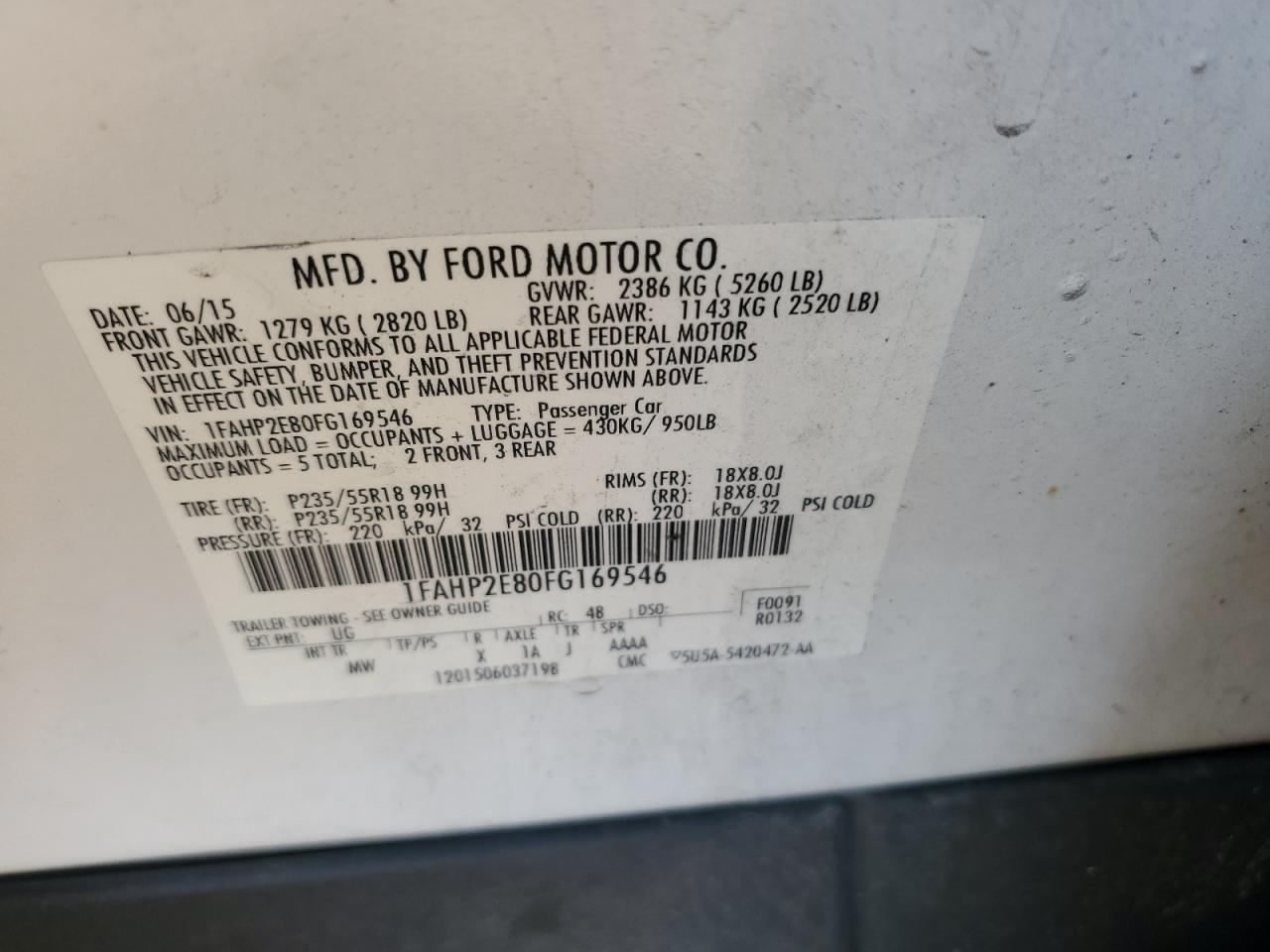 2015 Ford Taurus Sel VIN: 1FAHP2E80FG169546 Lot: 66152324