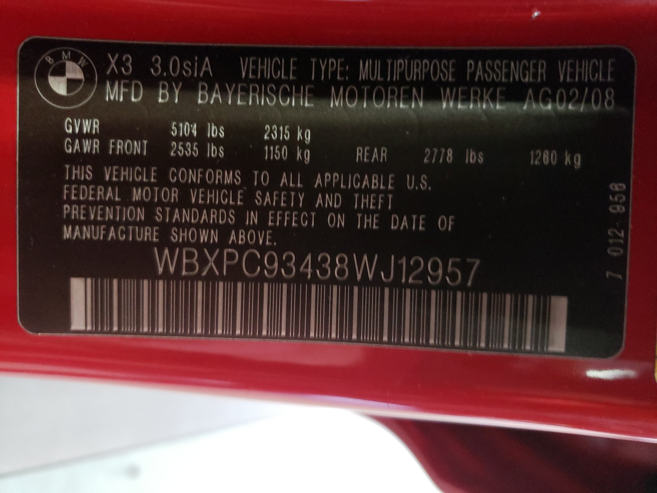 WBXPC93438WJ12957 2008 BMW X3 3.0Si