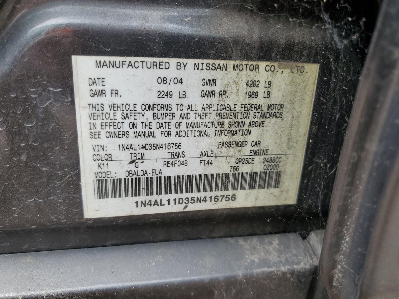 2005 Nissan Altima S VIN: 1N4AL11D35N416756 Lot: 67891824