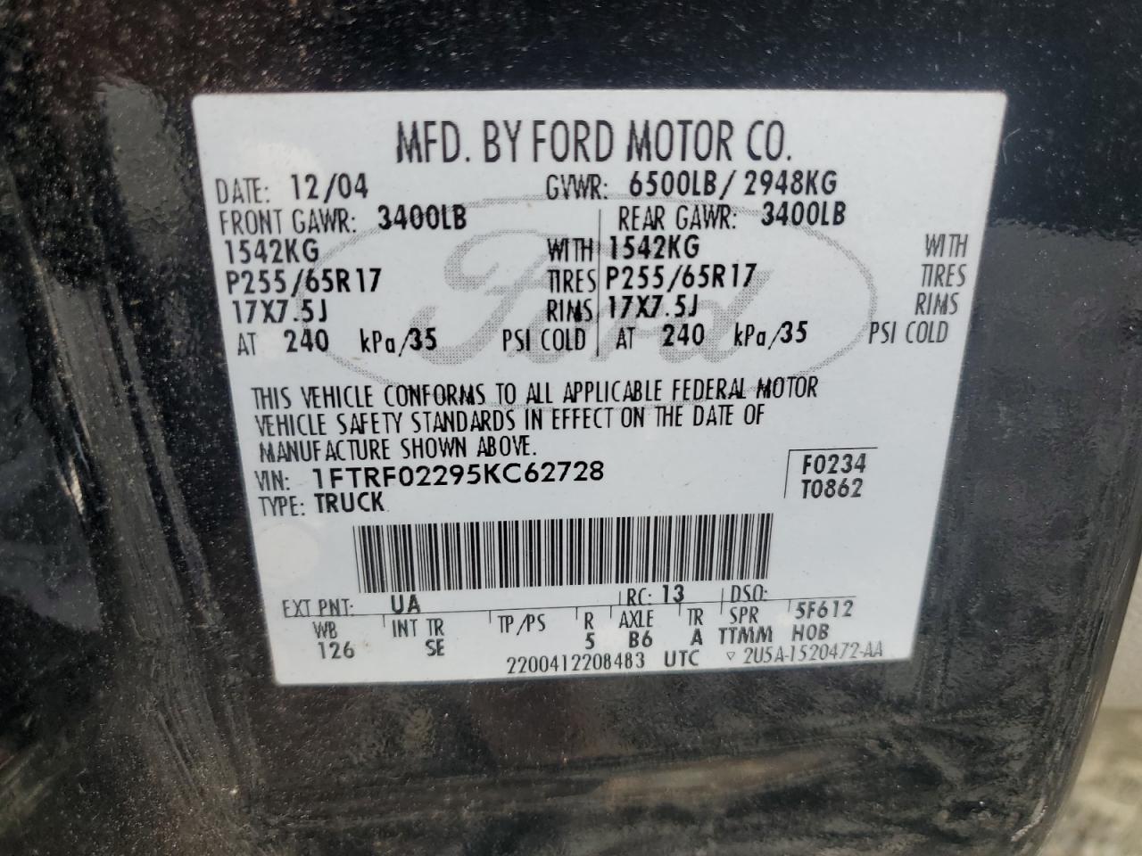 2005 Ford F150 VIN: 1FTRF02295KC62728 Lot: 66918064