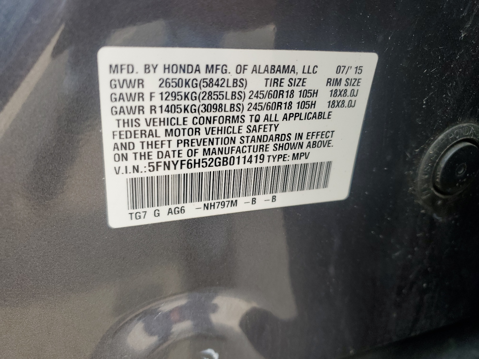 5FNYF6H52GB011419 2016 Honda Pilot Exl