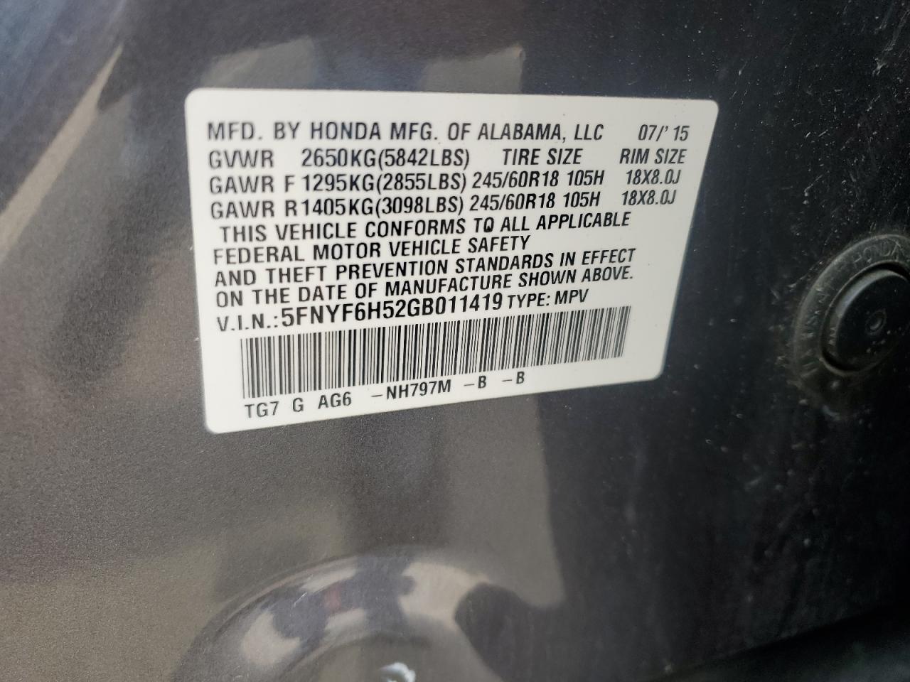 2016 Honda Pilot Exl VIN: 5FNYF6H52GB011419 Lot: 65312994