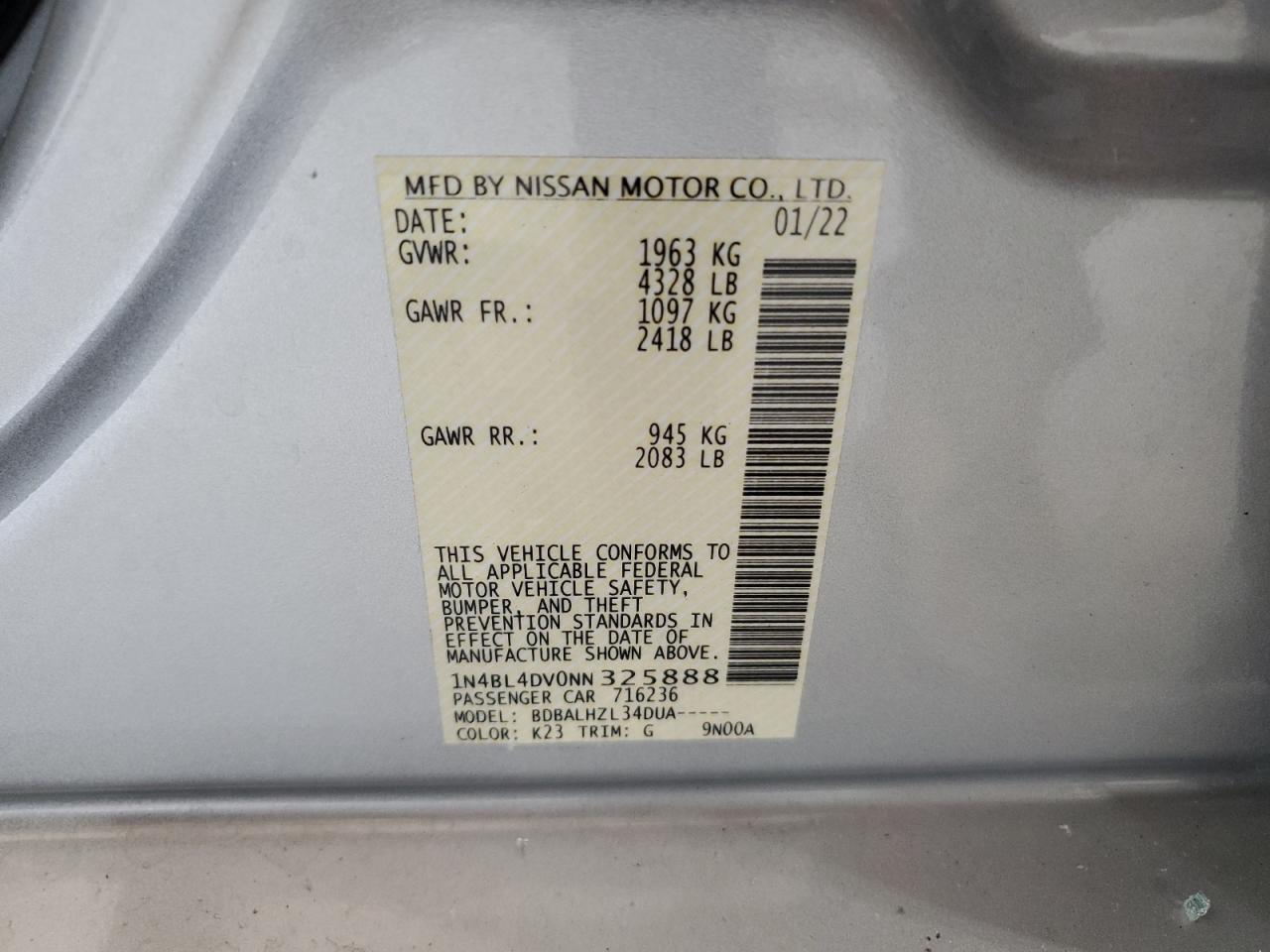 1N4BL4DV0NN325888 2022 Nissan Altima Sv