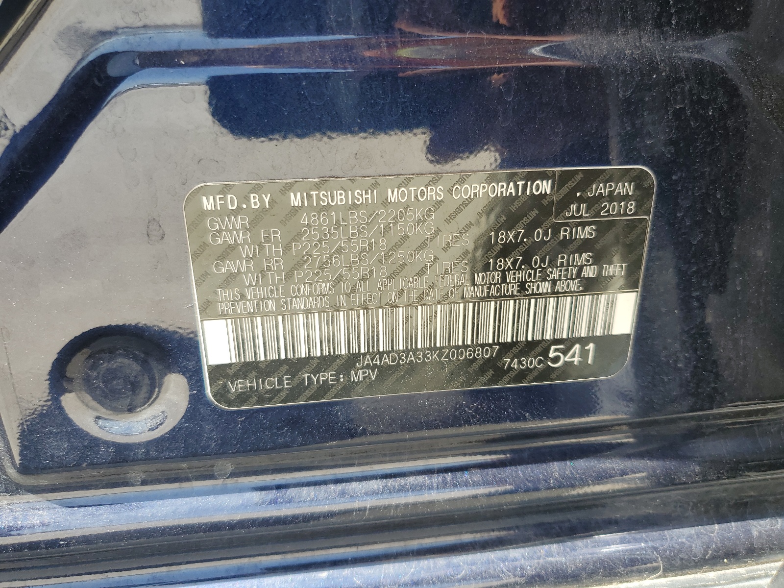 JA4AD3A33KZ006807 2019 Mitsubishi Outlander Se