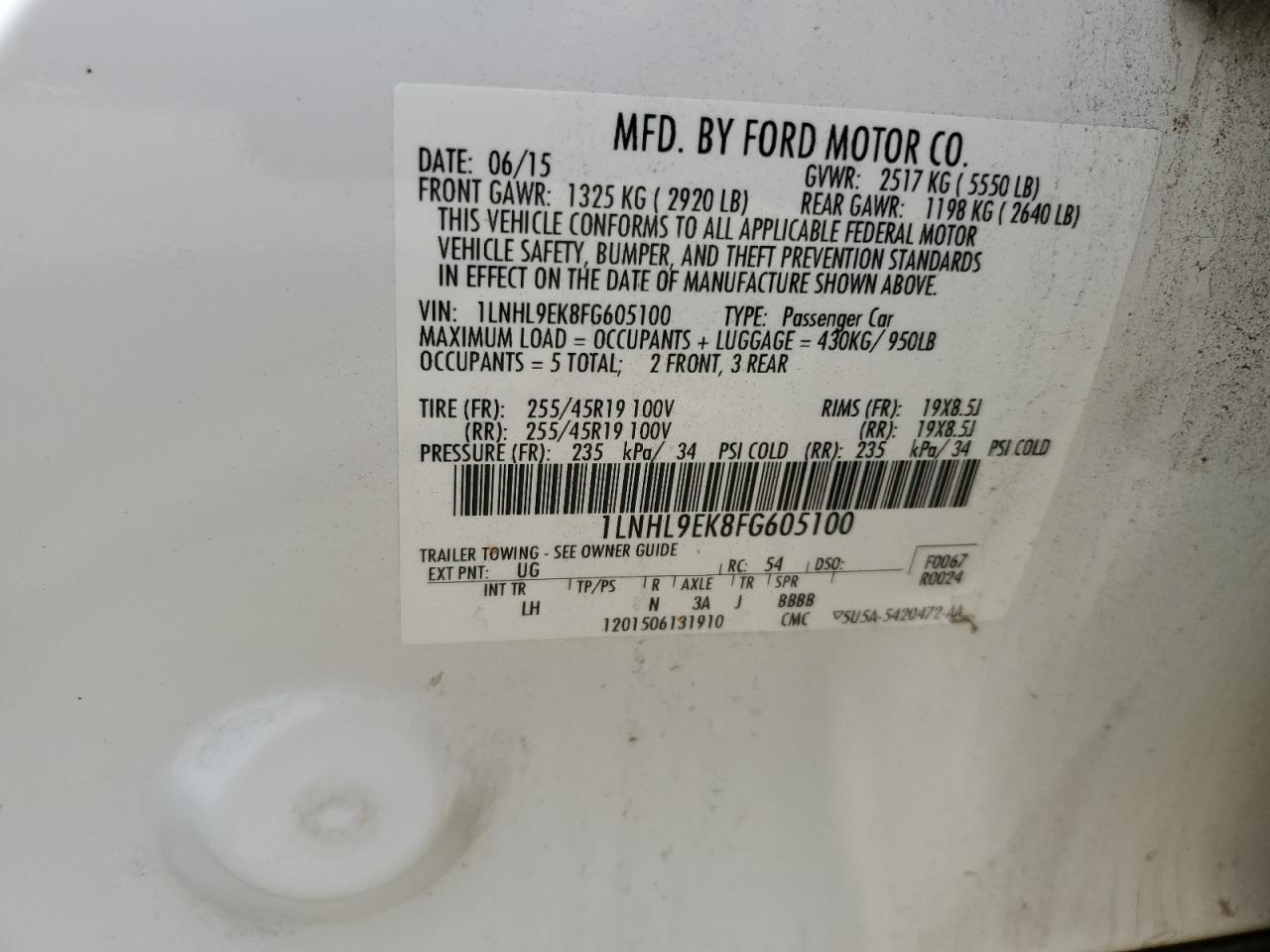 2015 Lincoln Mks VIN: 1LNHL9EK8FG605100 Lot: 68726484