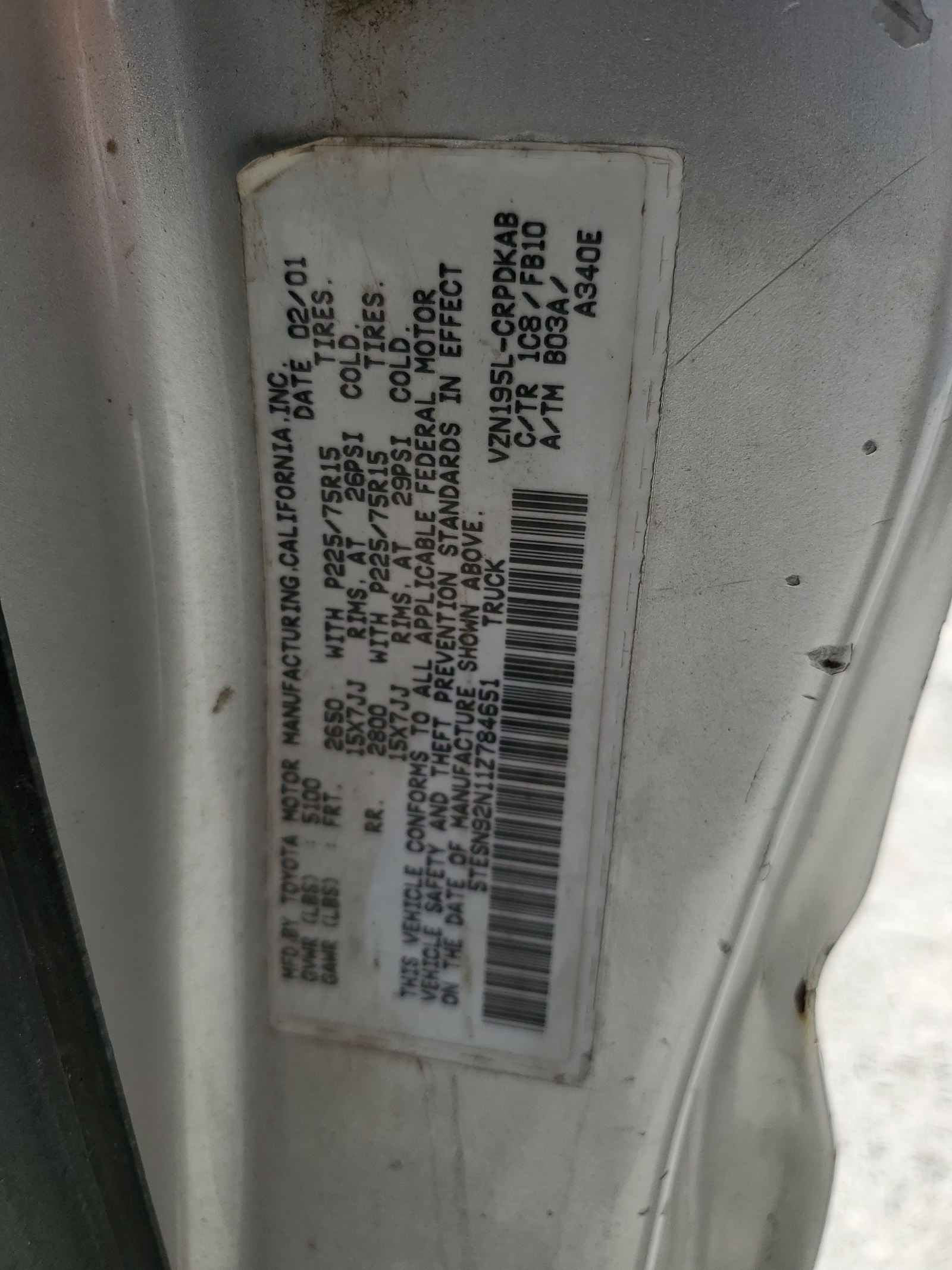 5TESN92N11Z784651 2001 Toyota Tacoma Xtracab Prerunner