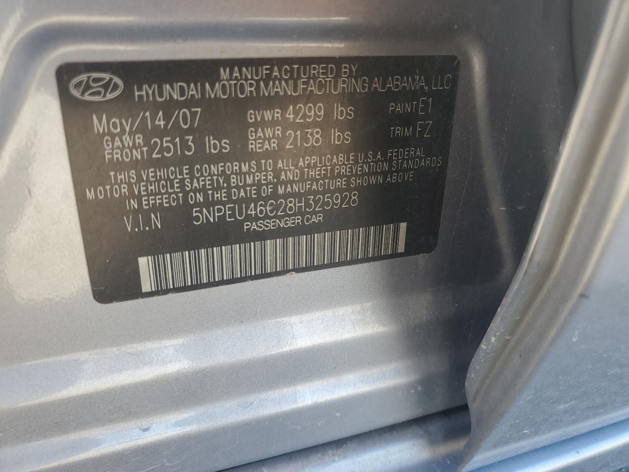 5NPEU46C28H325928 2008 Hyundai Sonata Se