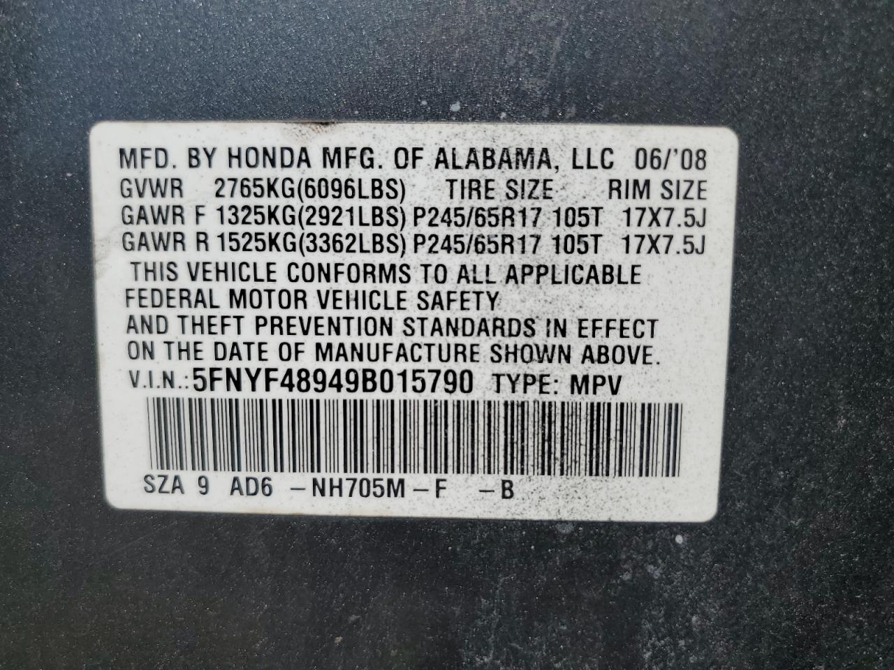 5FNYF48949B015790 2009 Honda Pilot Touring