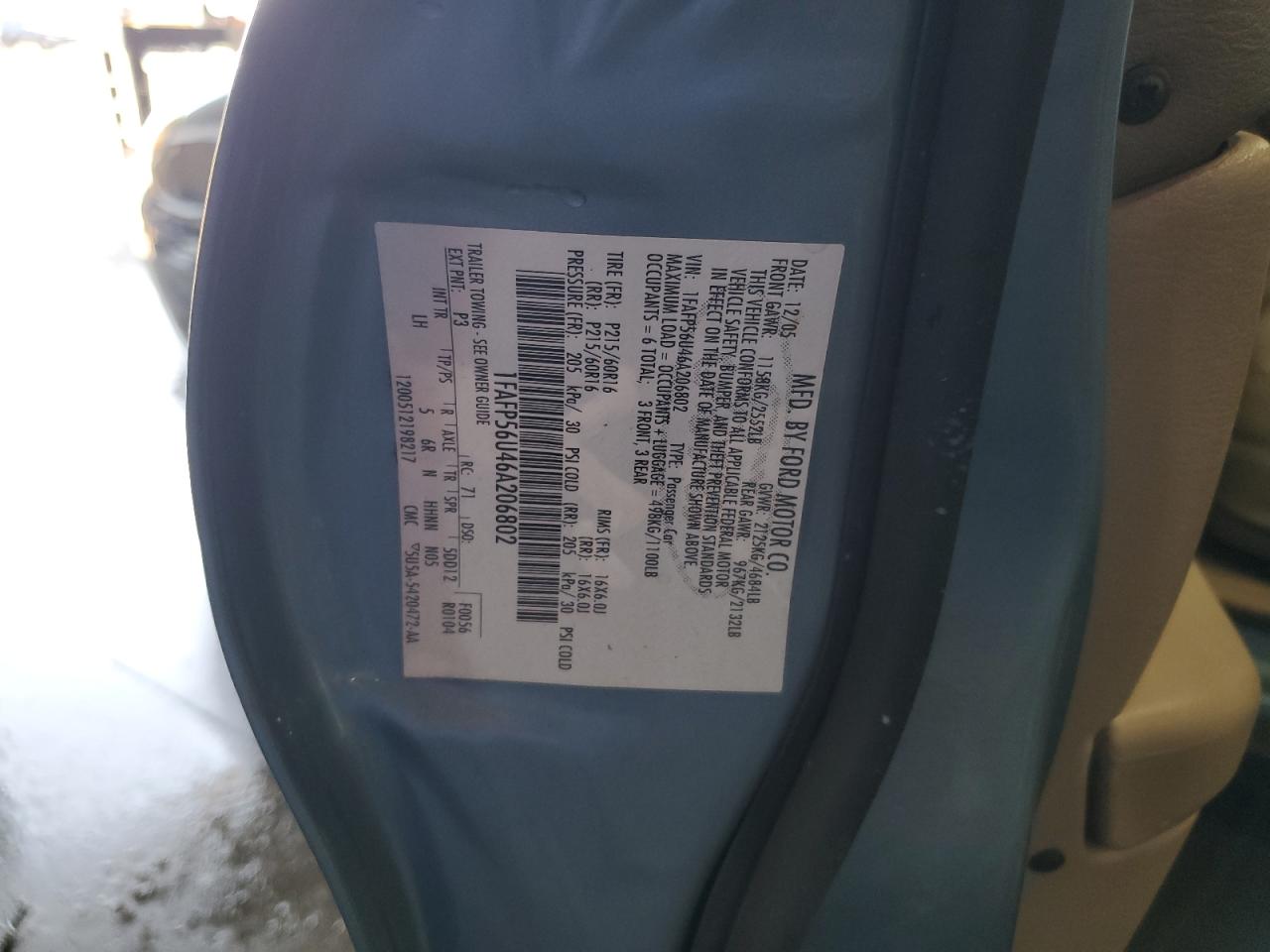 2006 Ford Taurus Sel VIN: 1FAFP56U46A206802 Lot: 65899594