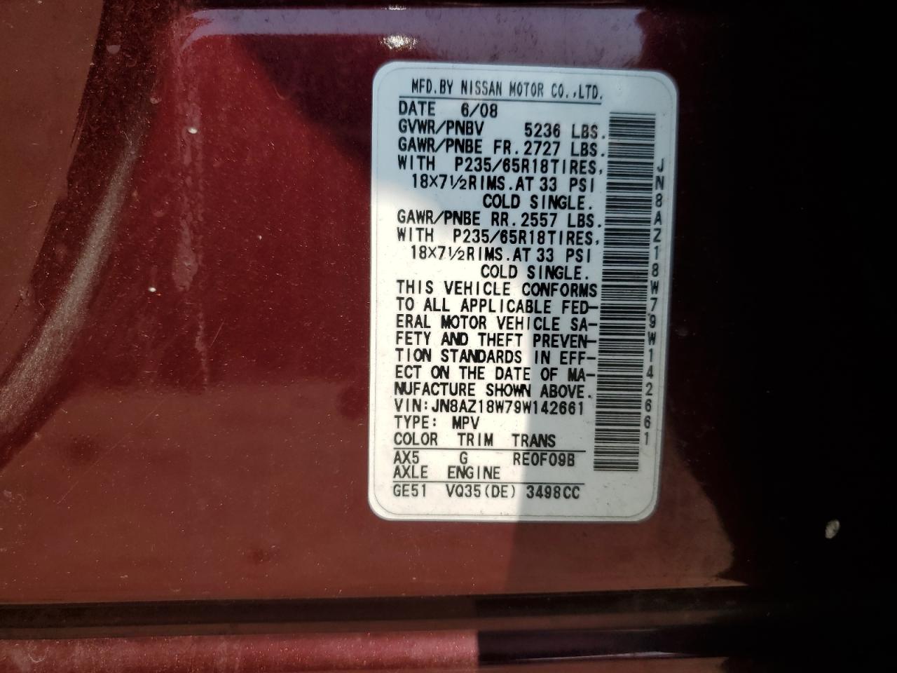 2009 Nissan Murano S VIN: JN8AZ18W79W142661 Lot: 64861534