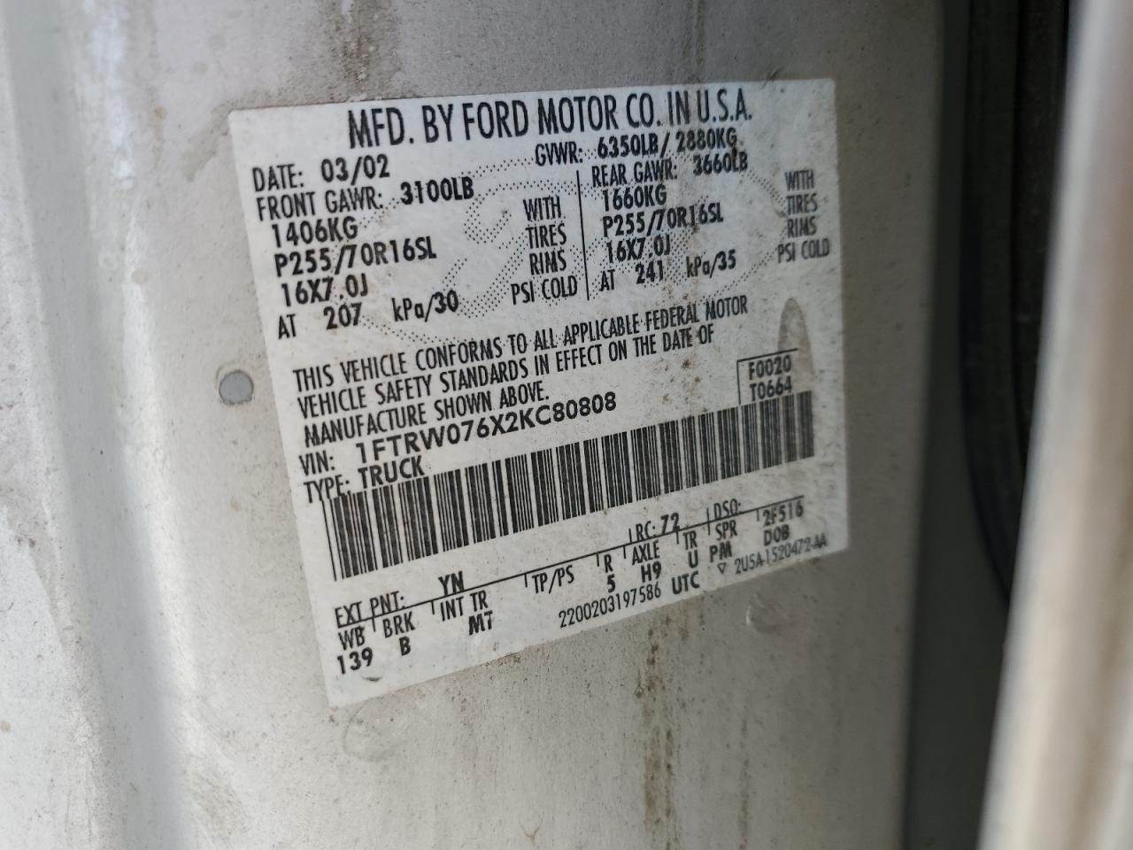 2002 Ford F150 Supercrew VIN: 1FTRW076X2KC80808 Lot: 67602704