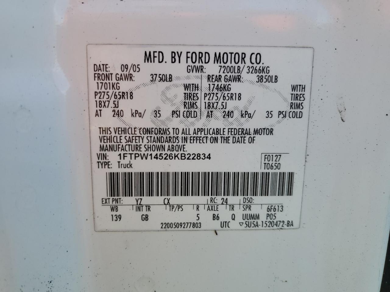 2006 Ford F150 Supercrew VIN: 1FTPW14526KB22834 Lot: 72782974