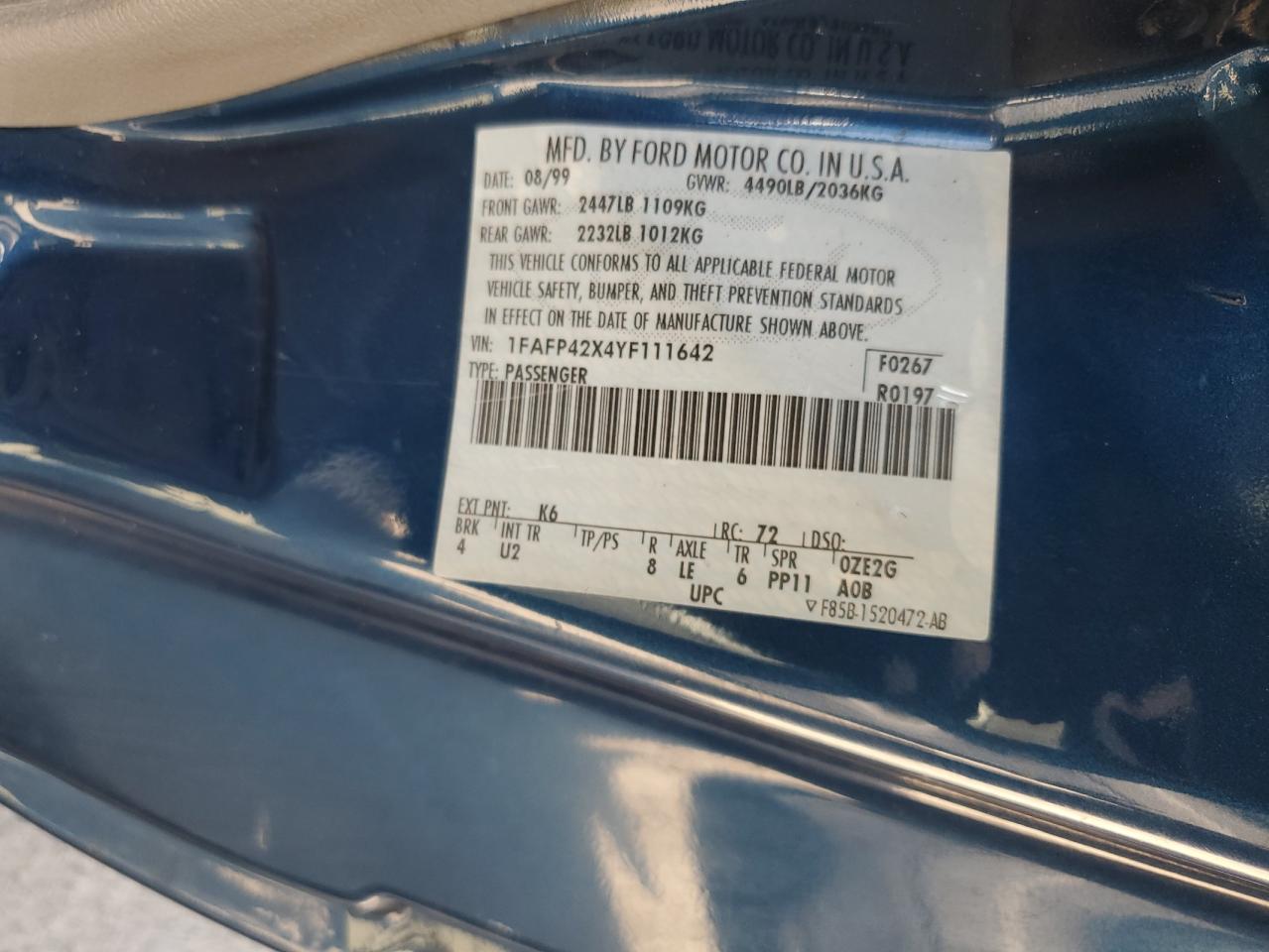 2000 Ford Mustang Gt VIN: 1FAFP42X4YF111642 Lot: 66148174