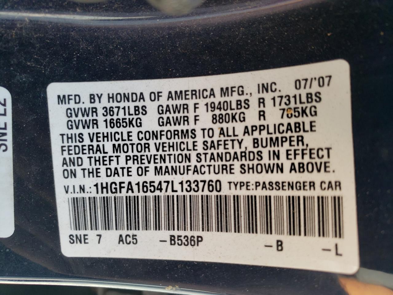 2007 Honda Civic Lx VIN: 1HGFA16547L133760 Lot: 66876774