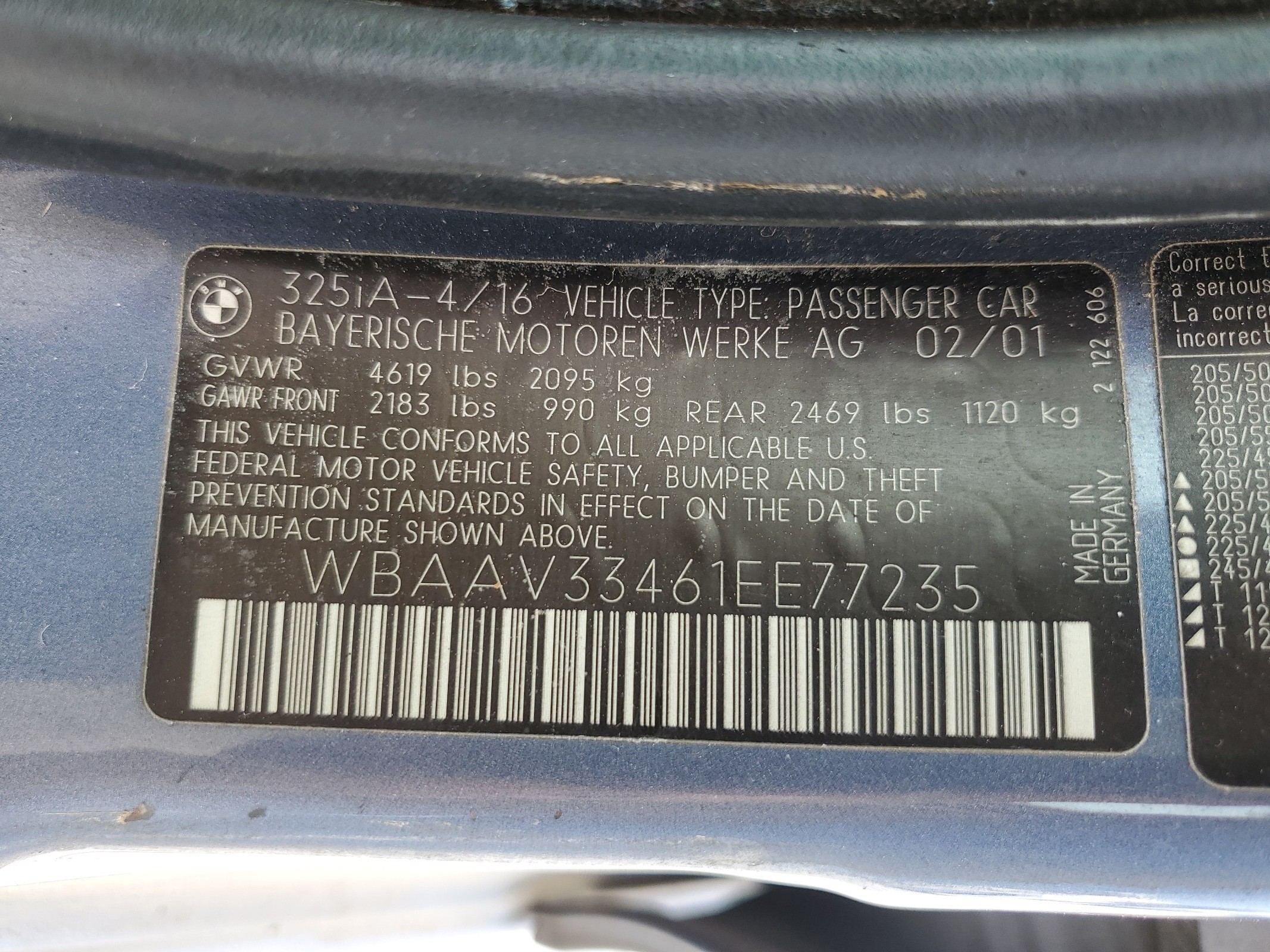 WBAAV33461EE77235 2001 BMW 325 I