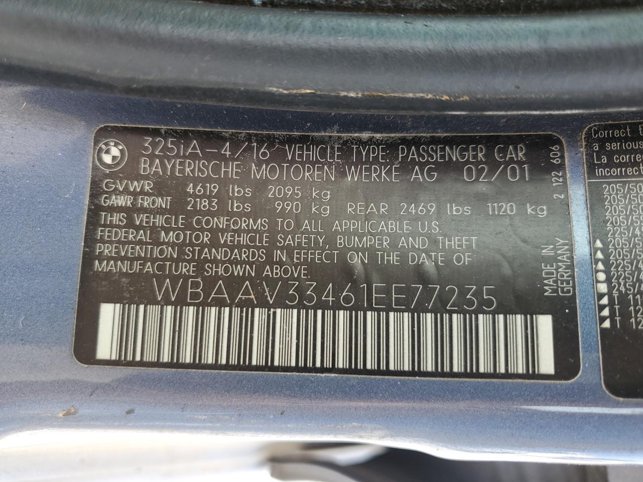 2001 BMW 325 I VIN: WBAAV33461EE77235 Lot: 66136184