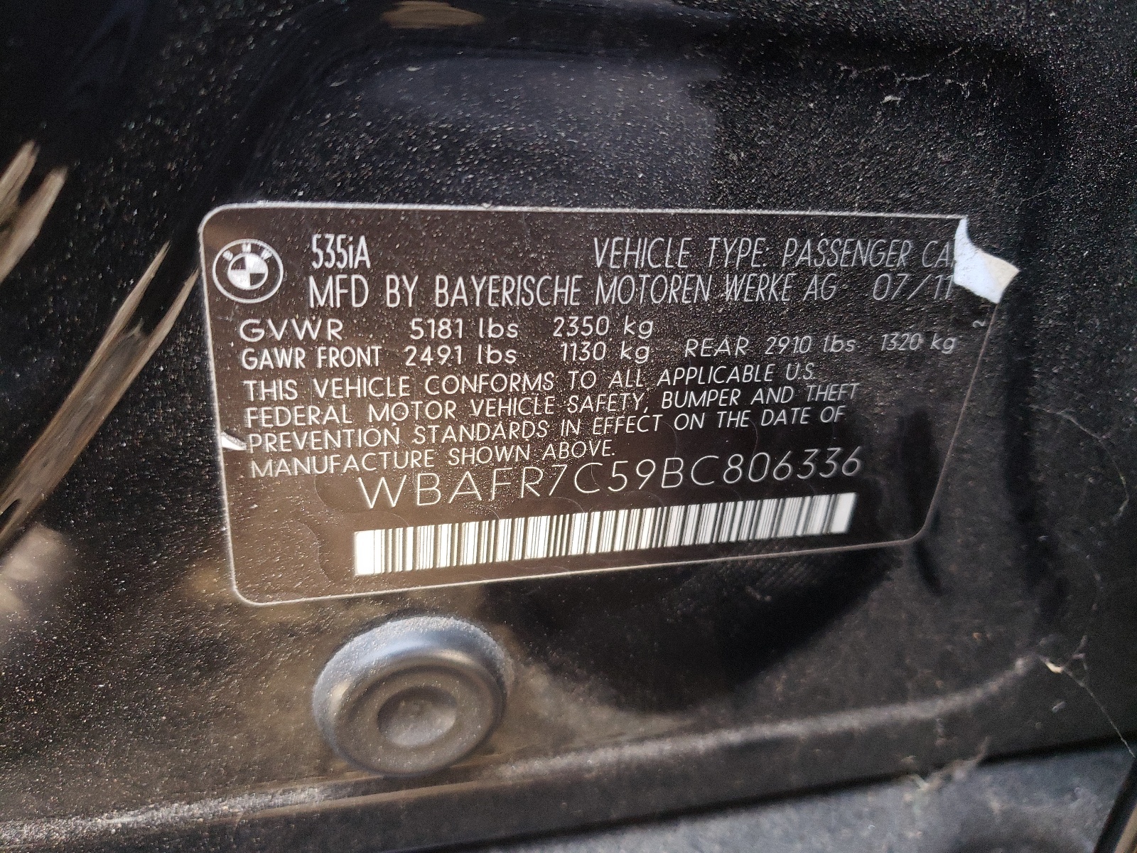 WBAFR7C59BC806336 2011 BMW 535 I