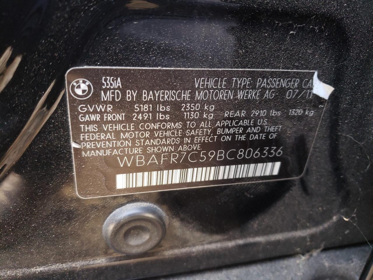 2011 BMW 535 I VIN: WBAFR7C59BC806336 Lot: 67056054